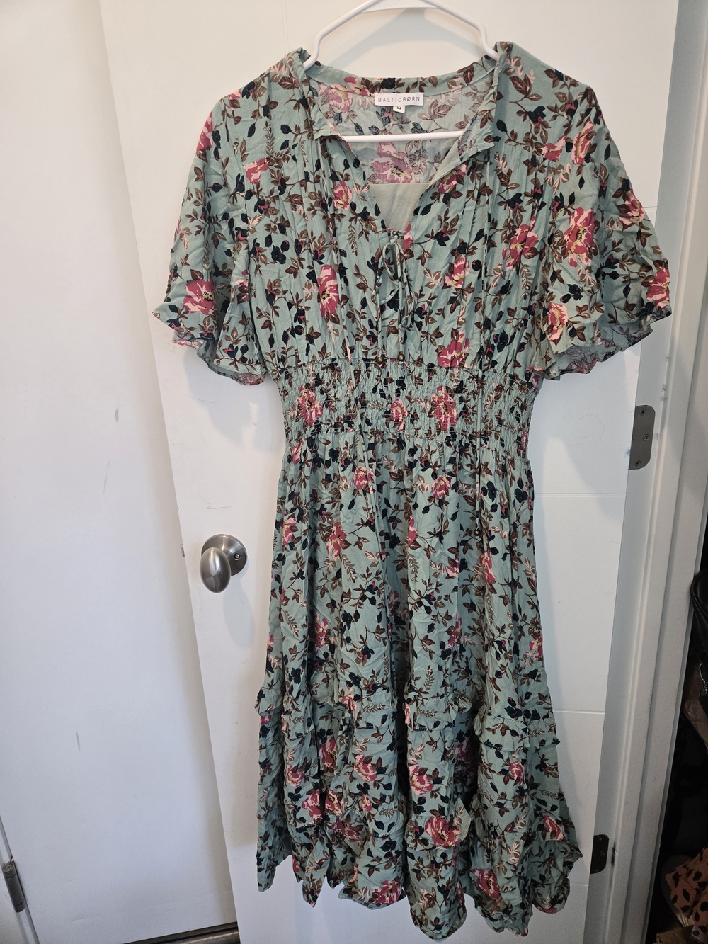 Baltic Born Sage Green Floral Midi Dress with Pink Blossoms